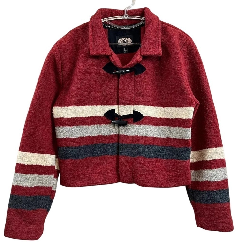 County Clothing Co Toggle Colorblock Striped Coat Jacket Red Cream Gray Size M